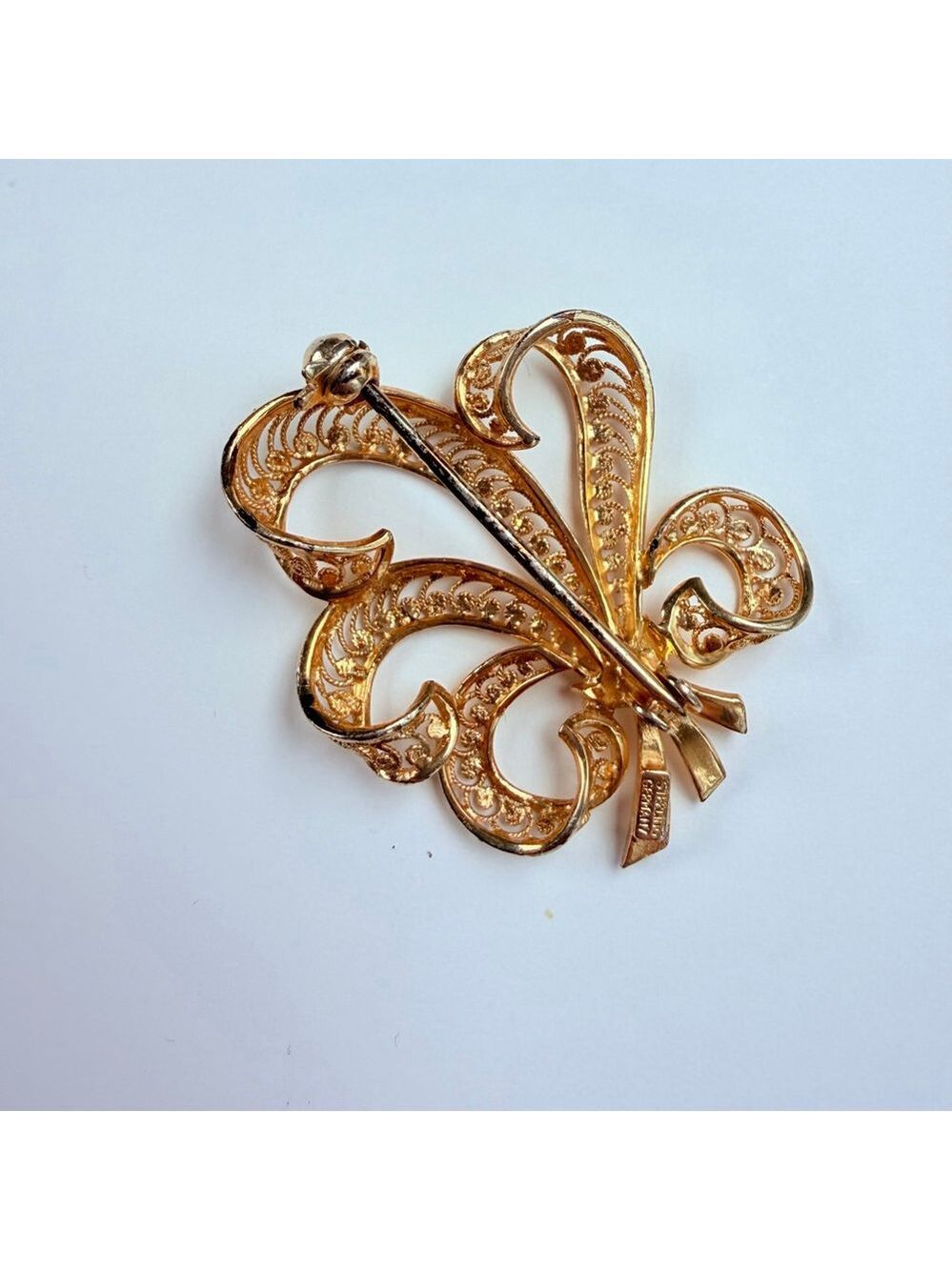 Fleur De Lis Filigree Gold Vermeil Wirework Sterling Silver VTG Brooch Germany - Picture 4 of 10